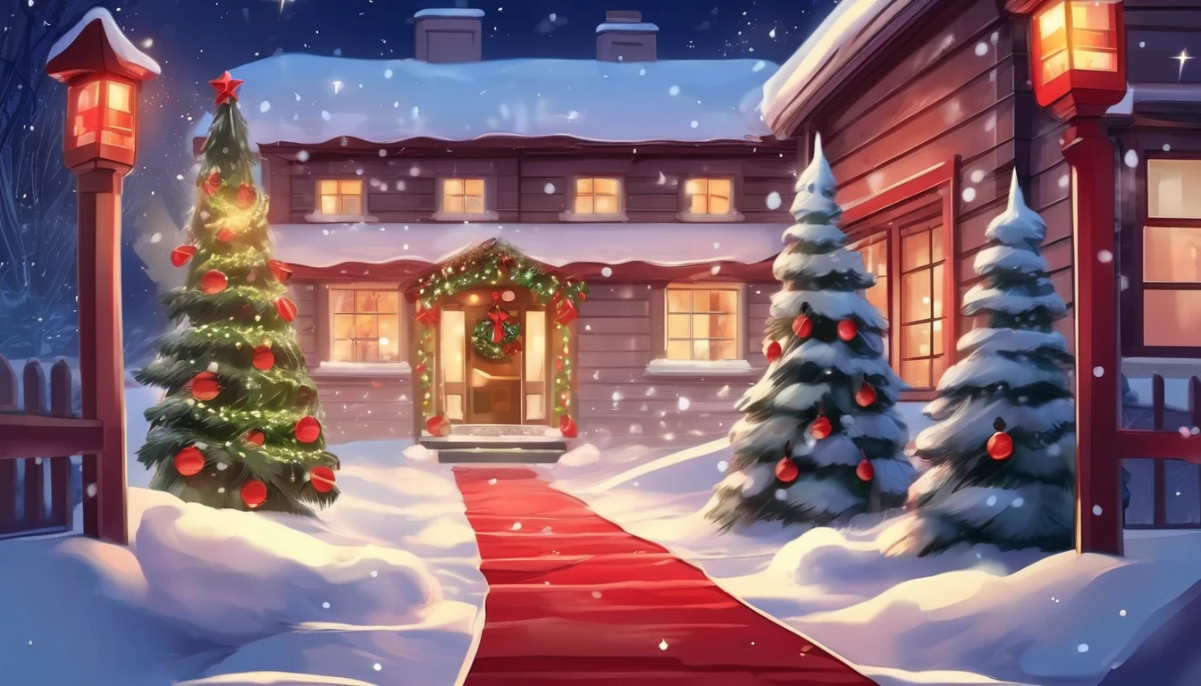 Snowy Path ,  Christmas decorations, cold air, tree々Lights displayed on ,  Red Ribbons , home fireplace,  Stars Shining in the Night Sky 々