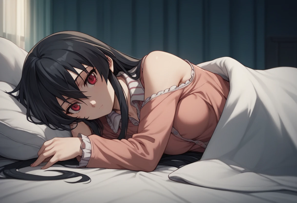 1girl,solo,akame, long hair, black hair, red eyes, hair between eyes, pajamas, cowboy shot, looking at viewer, on bed, on side, lying, bed invitation, blanket, from side, under covers, curtains