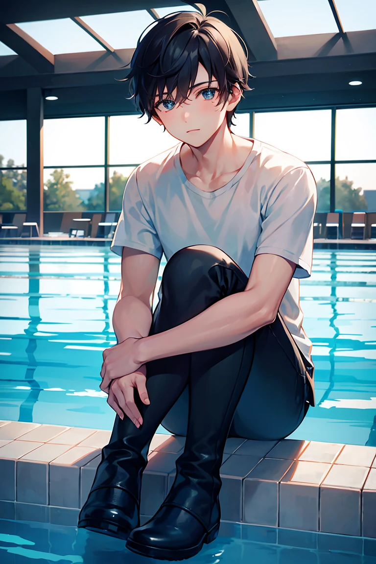 (of a man)，boy，mature，Handsome face，exquisite facial features，Flat chest and thin waist，long leges，swimming uniform，River side，