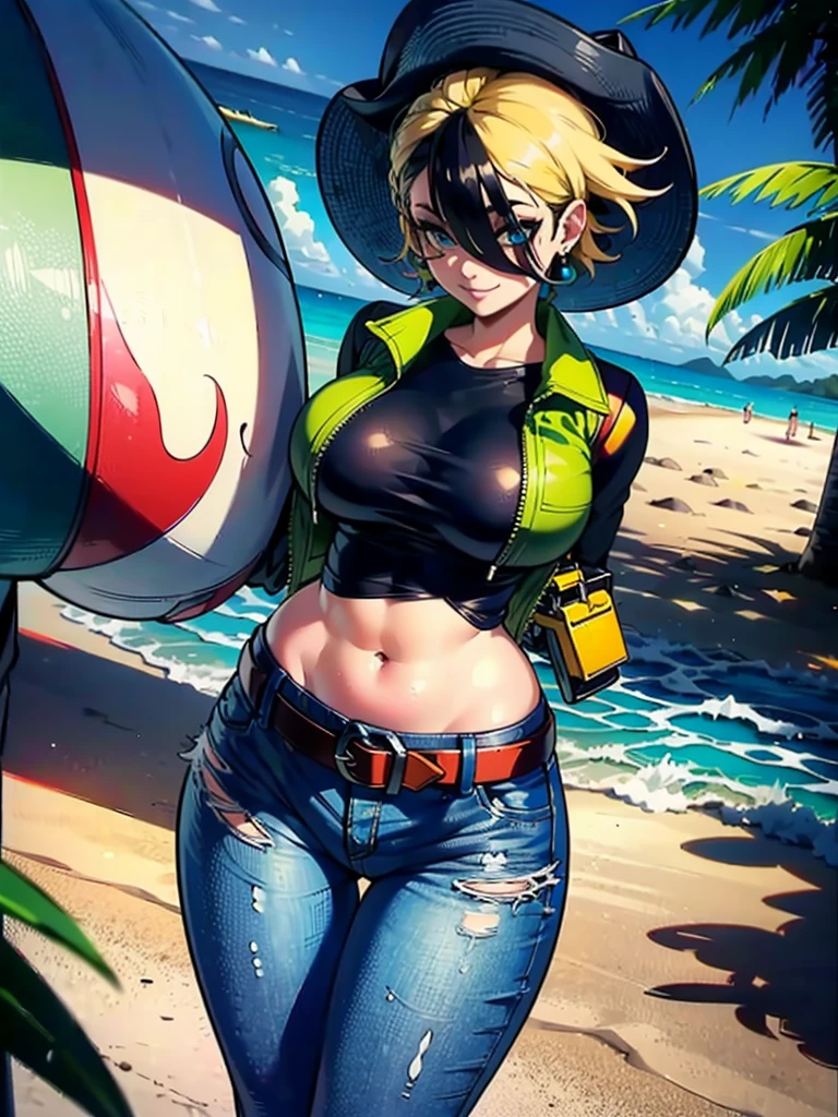 on a sunny beach, a brazilian pokemo gardevoir wearing a sporty  playing beach volleyball, with a close-up showing the dynamic beauty of her  in action, full of vitality and a healthy lifestyle.