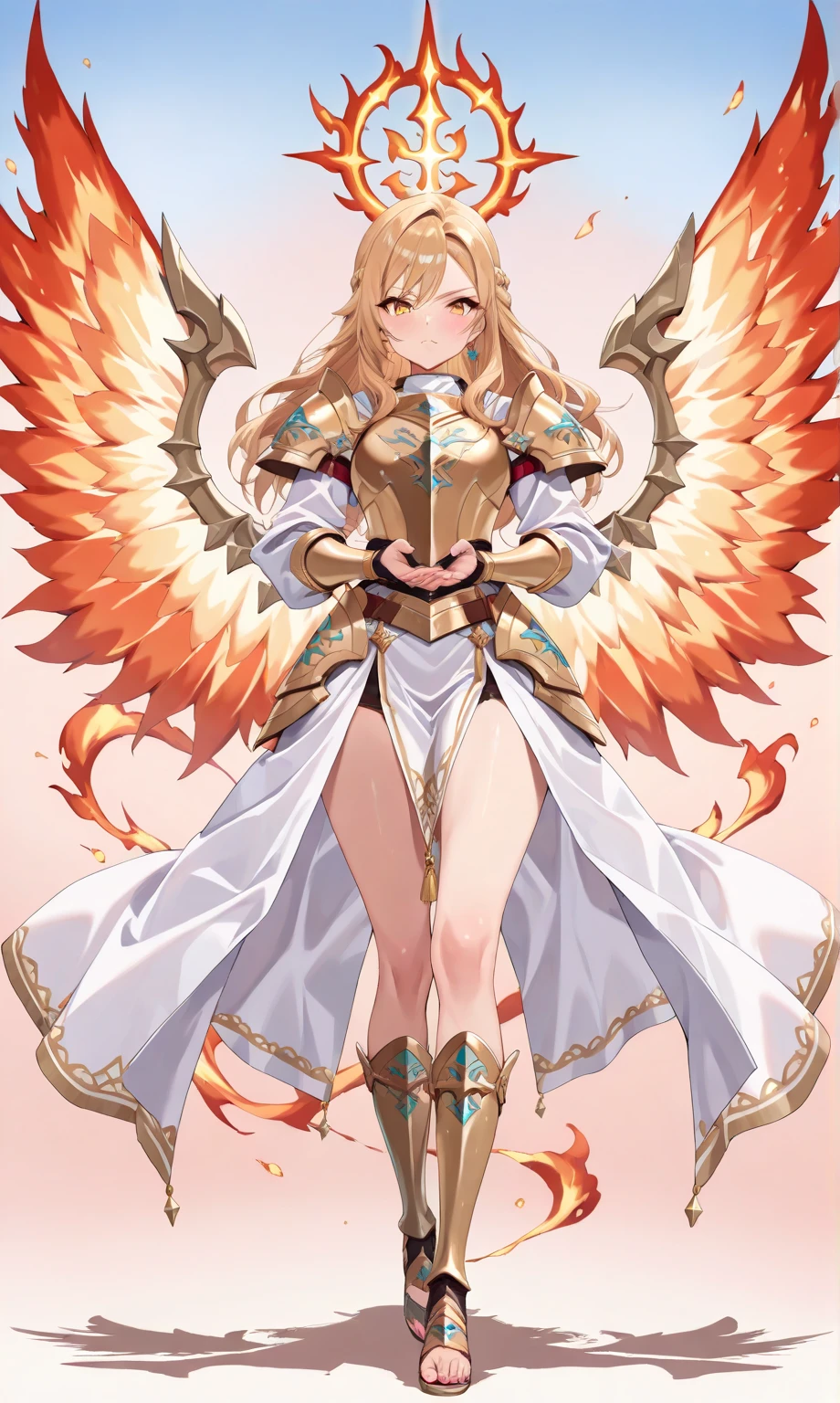 (((masterpiece, best quality, high detailed, 16k))) (1girl) A fiercely righteous woman with long golden hair and piercing amber eyes. She wears a pristine white and gold armor, with large, flaming wings. In her hands, she holds a blazing sword of divine fire, ready to deliver judgment. ((full body front view)), (extremely detailed:1.5)
