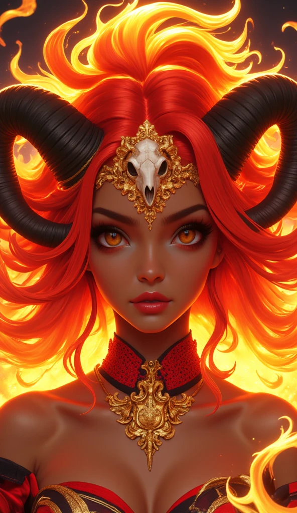 (masterpiece, ultra-detailed, cinematic quality, physically based rendering, 8k resolution, wallpaper)
(Stylized illustration of a woman with fiery red hair with vibrant yellow highlights resembling flames:2.0, radiant brown eyes with a piercing gaze:1.6, smooth bronze skin with a warm undertone:1.4).
(Large, upward-curving black horns adorned with an elegant ram’s skull at the top:2.0, perfectly symmetrical horns adding a sense of dominance and grace). (Wearing a bold red choker with intricate golden details:1.8, emphasizing her fierce and fiery personality). (Bust-only framing, strong and confident posture, vibrant hair framing her face dramatically).*
(Soft, glowing light reflecting off her hair and horns, adding depth and intensity). (Dynamic composition with subtle hints of flame patterns in the background:1.4, warm gold and crimson tones blending harmoniously:1.6)