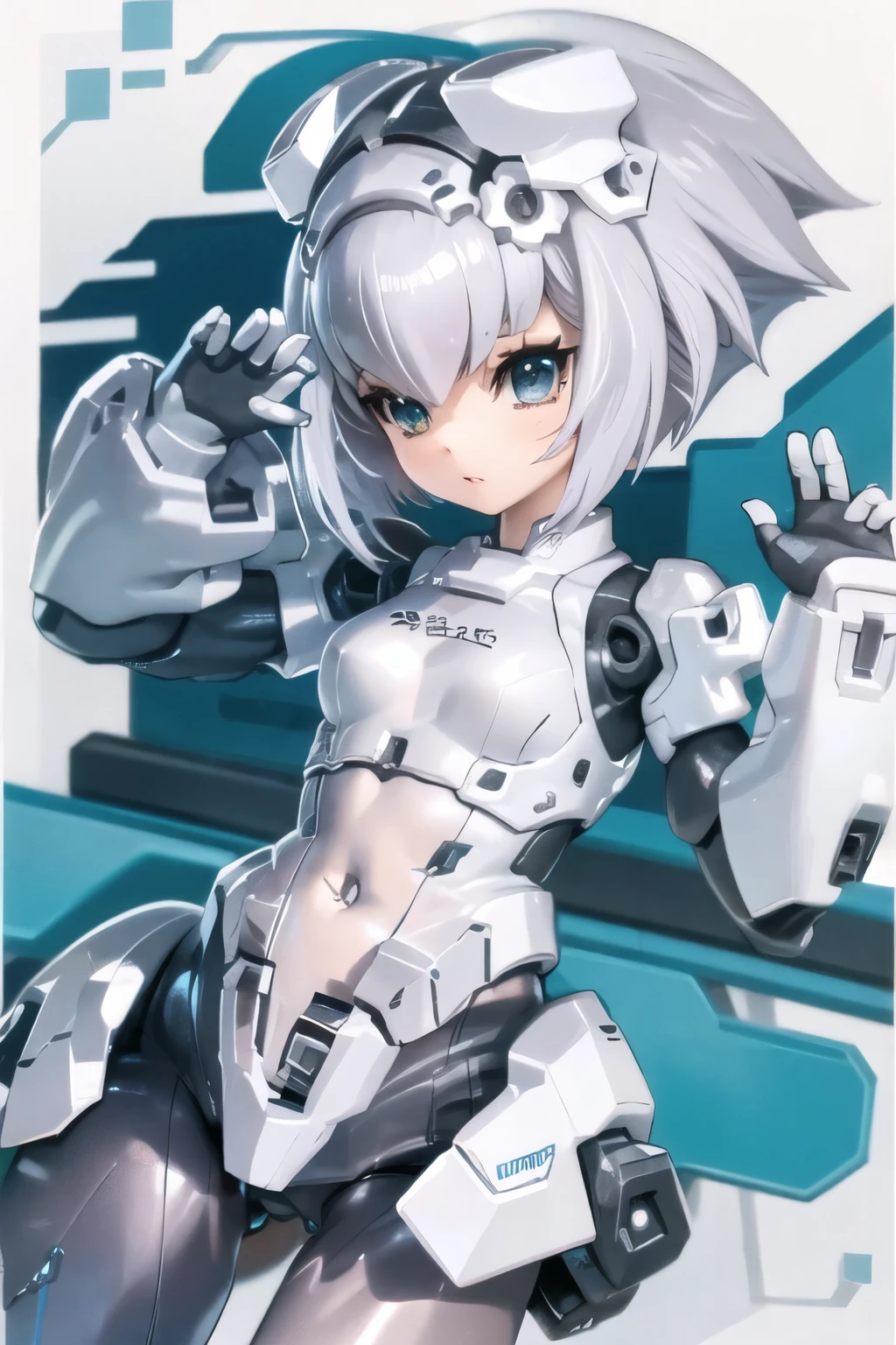 ( top quality:1.2)。robot girl。Female robot。Silver short bob。Active in cyberspace。