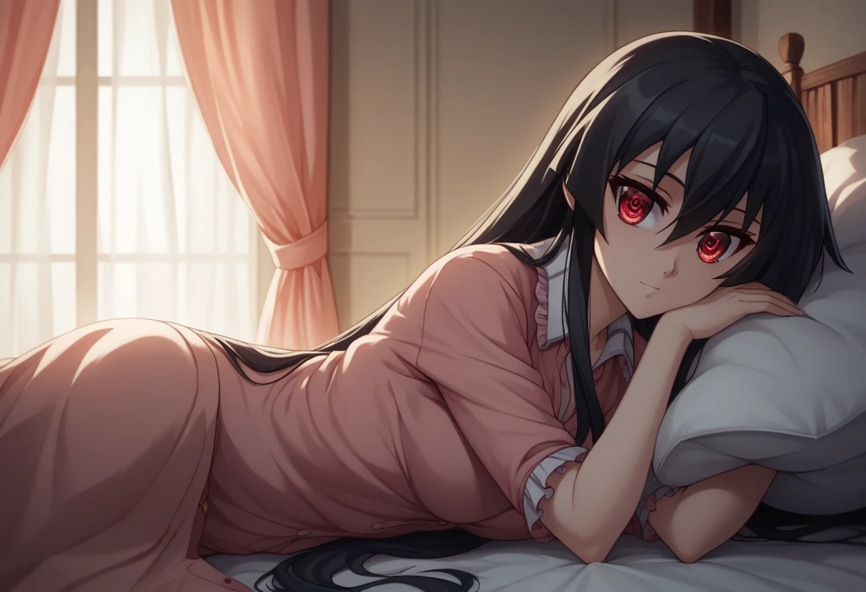 (masterpiece:1.2), best quality, high resolution, unity 8k wallpaper, (illustration:0.8), (beautiful detailed eyes:1.6), extremely detailed face, perfect lighting, extremely detailed CG, (perfect hands, perfect anatomy),1girl,solo,akame, long hair, black hair, red eyes, hair between eyes, pajamas, cowboy shot, looking at viewer, on bed, on side, lying, bed invitation, blanket, from side, under covers, curtains