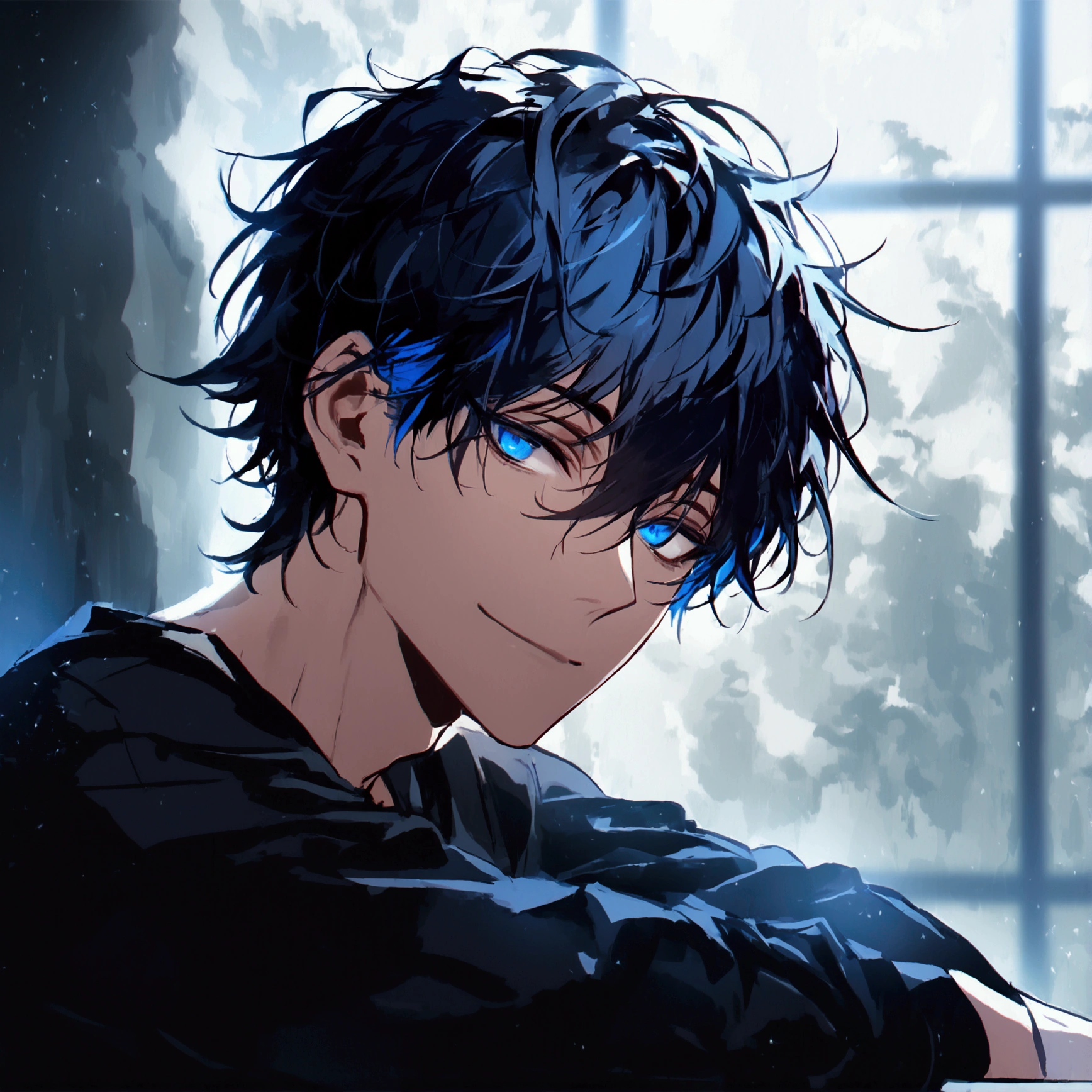 (solo), (1 male), (1 man), (chibi),handsome men, (one man with black hair with White blue inner hair color, blue eyes), long hair, messy hair,smile,((masterpiece)), (dark background: 1.3), (stylish), dynamic angle, (detailed face, detailed eyes, proportional hands, proportional anatomy), sitting in a relaxed pose, sinister atmosphere,young