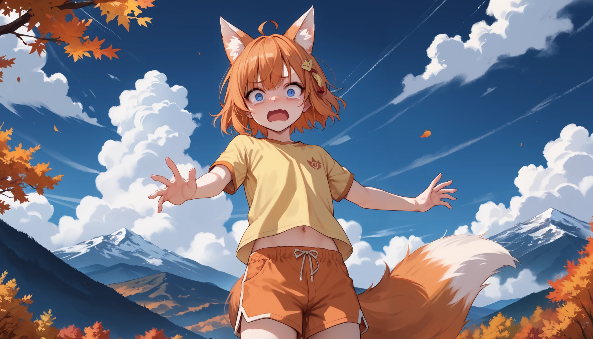 score_9_up, score_8_up, score_7_up, 1boy, solo, source_anime, Beautiful eyes, ((sfw, rating:general)), kemonomimi, , fox ears, fox tail, orange hair, short hair, blue eyes BREAK
Yellow shirt, short sleeves BREAK orange shorts BREAK
Open mouth, wavy mouth, scared face, surprised, looking at viewer, standing, outdoors, mountains, autumn, cloudy sky, dark clouds, dark sky BREAK