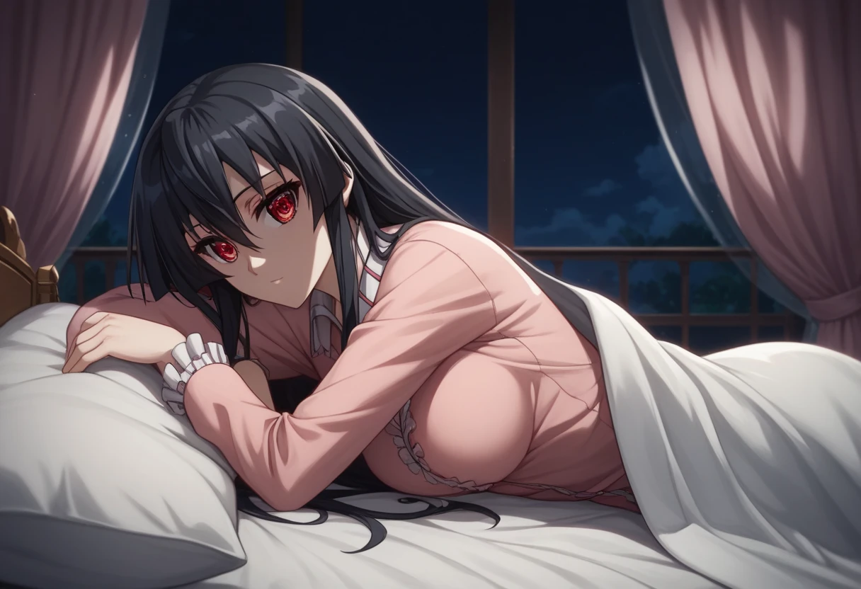 (masterpiece:1.2), best quality, high resolution, unity 8k wallpaper, (illustration:0.8), (beautiful detailed eyes:1.6), extremely detailed face, perfect lighting, extremely detailed CG, (perfect hands, perfect anatomy),1girl,solo,akame, long hair, black hair, red eyes, hair between eyes, pajamas, cowboy shot, looking at viewer, on bed, on side, lying, bed invitation, blanket, from side, under covers, curtains