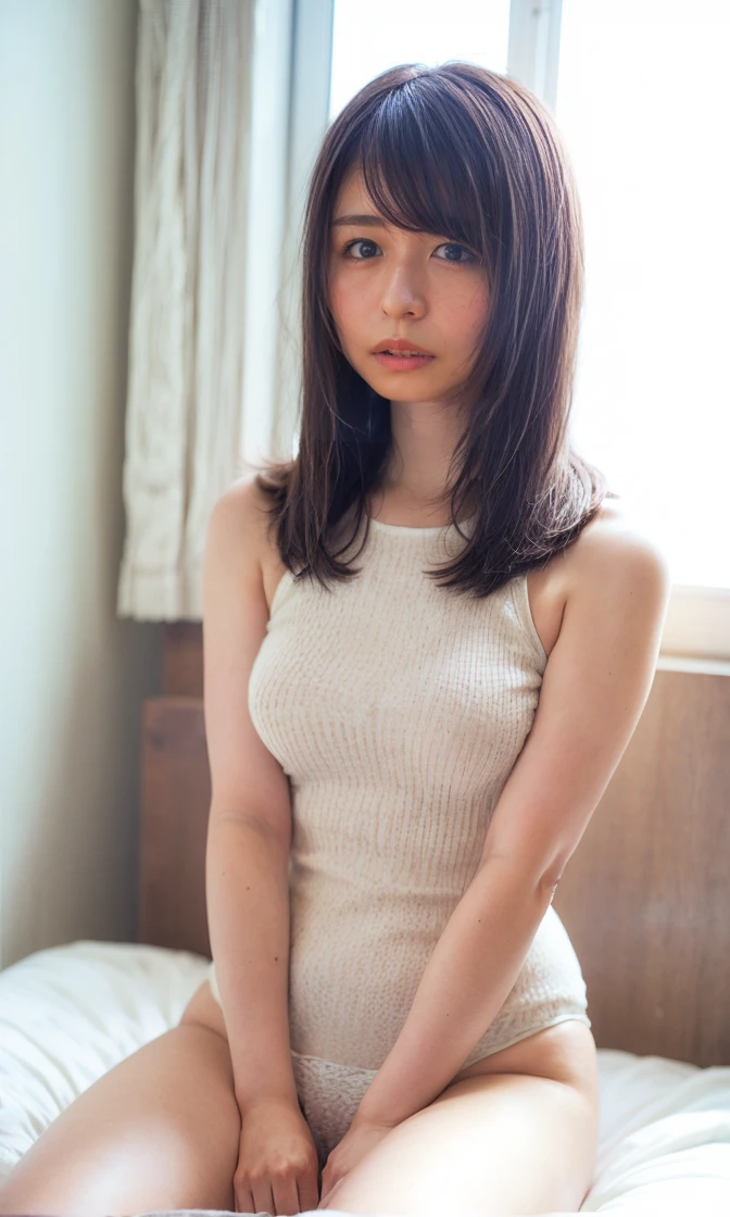 Full body shot from the front、Wear off-the-shoulder mini one-piece pajamas, bend your knees, spread your legs, take a cross-legged pose, and sit while looking at me, Slender bare legs 、smile、The background is a monotone 

