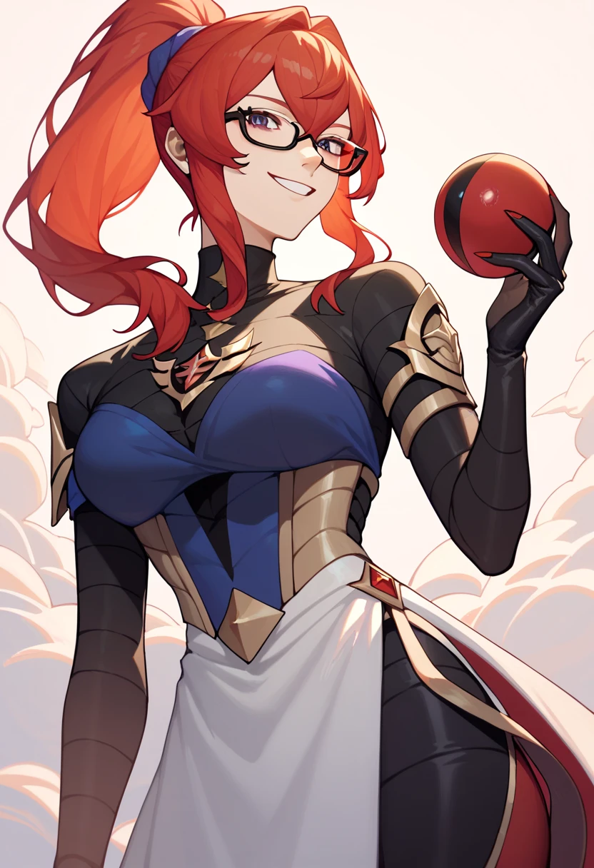 Mars, red nails, glasses, smiling, red hair, red & purple shirt, black jackted, black gloves, ponytail hairstyle, holding a master ball, zacian on the backgroung