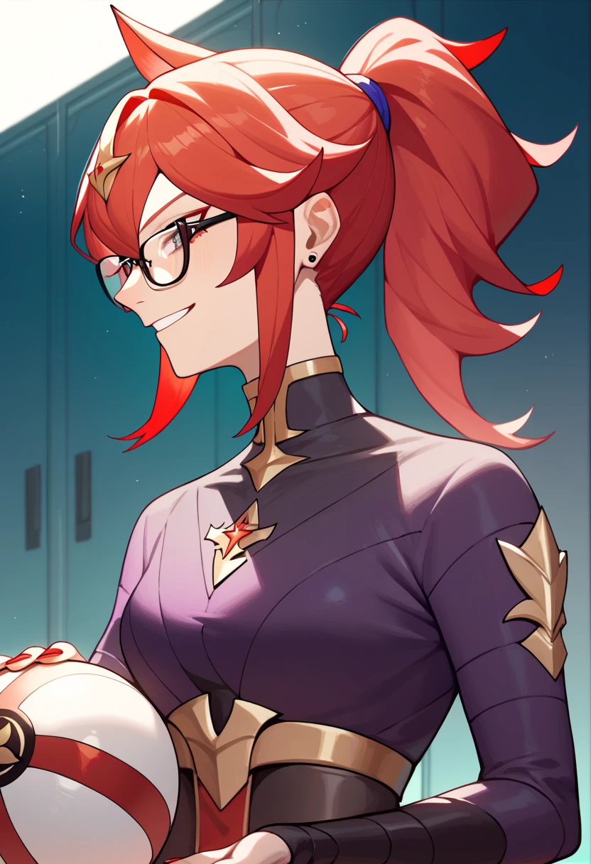 Mars, red nails, glasses, smiling, red hair, red & purple shirt, black jackted, black gloves, ponytail hairstyle, holding a master ball, zacian on the backgroung