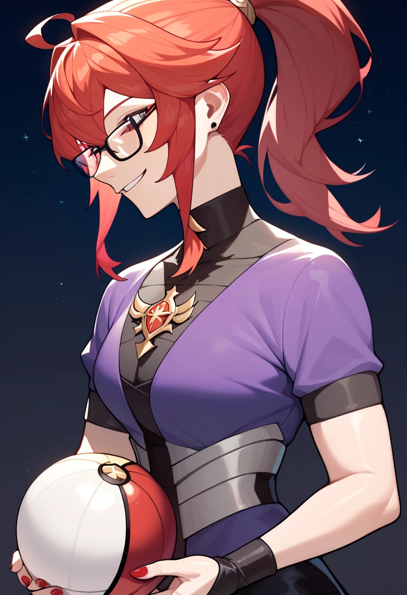 Mars, red nails, glasses, smiling, red hair, red & purple shirt, black jackted, black gloves, ponytail hairstyle, holding a master ball, zacian on the backgroung