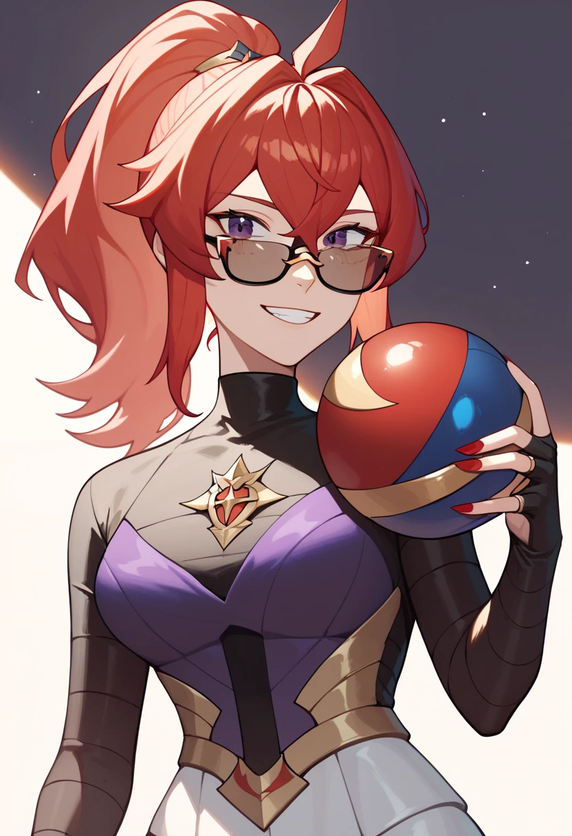 Mars, red nails, glasses, smiling, red hair, red & purple shirt, black jackted, black gloves, ponytail hairstyle, holding a master ball, zacian on the backgroung