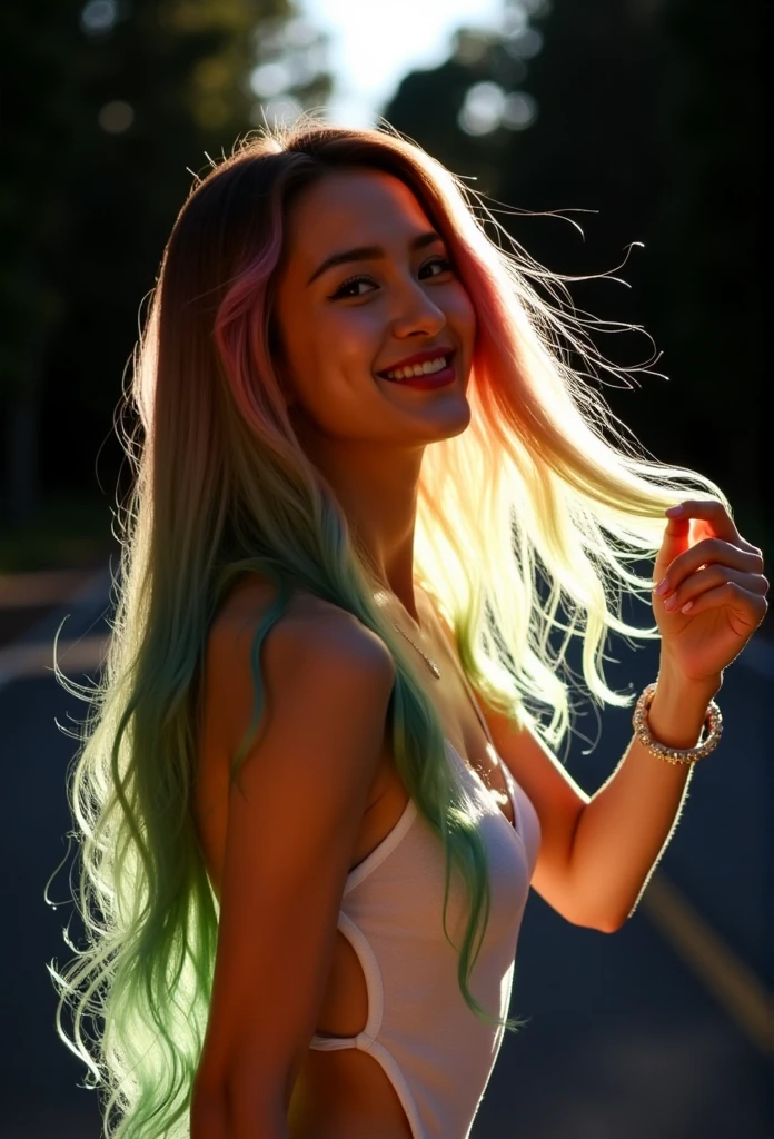 low angle side view portrays a woman with long spreads hair to bottom, honey skin, sleek gold pink, blue and green hair spreads, styled in soft, natural waves that frame her face. She exudes a sultry yet elegant allure, wear loose white tank top, tilt her face, smile, windy, Use a her hand to spread her hair, no cloth, bare skin, body drenched, very small round breasts, standing on the street and dark forest background, tilt head up, climax expression face, morning soft sun raise back, heavy shadows, very dark midnight, adding a subtle, feminine touch to the composition.
