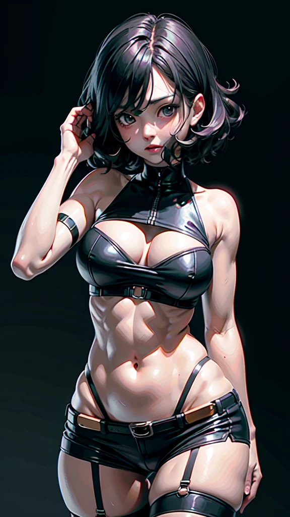 realistic portrait of a young japanese woman, tight clothing, daring pose, detailed facial features, shallow depth of field, balanced color palette, messy wavy hair, belly button exposed, tube top, garter belt, short hair, best quality, 4k, 8k, highres, masterpiece:1.2, ultra-detailed, realistic, photorealistic, photo-realistic:1.37, HDR, UHD, studio lighting, ultra-fine painting, sharp focus, physically-based rendering, extreme detail description, professional, vivid colors, bokeh