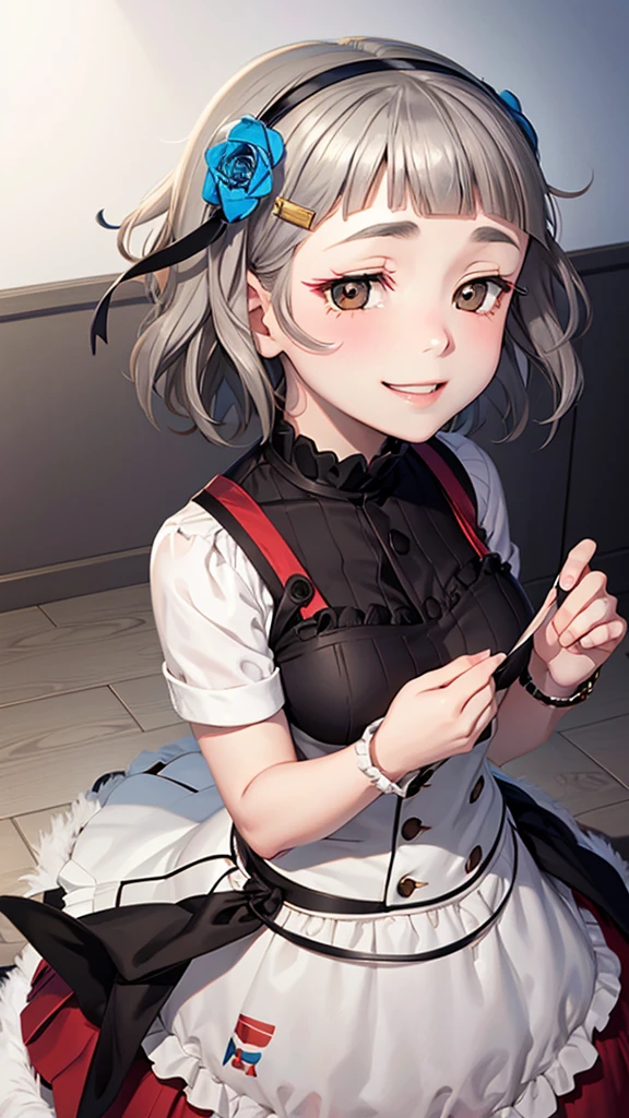 (((solo))), 1 woman, Sakuya Kurobane, sakuyaunif, kurobane_sakuya, (brown eyes), short hair, grey hair, black hairband, blue hair flower, red eyeliner, , blush, smile, (upper body), santa claus