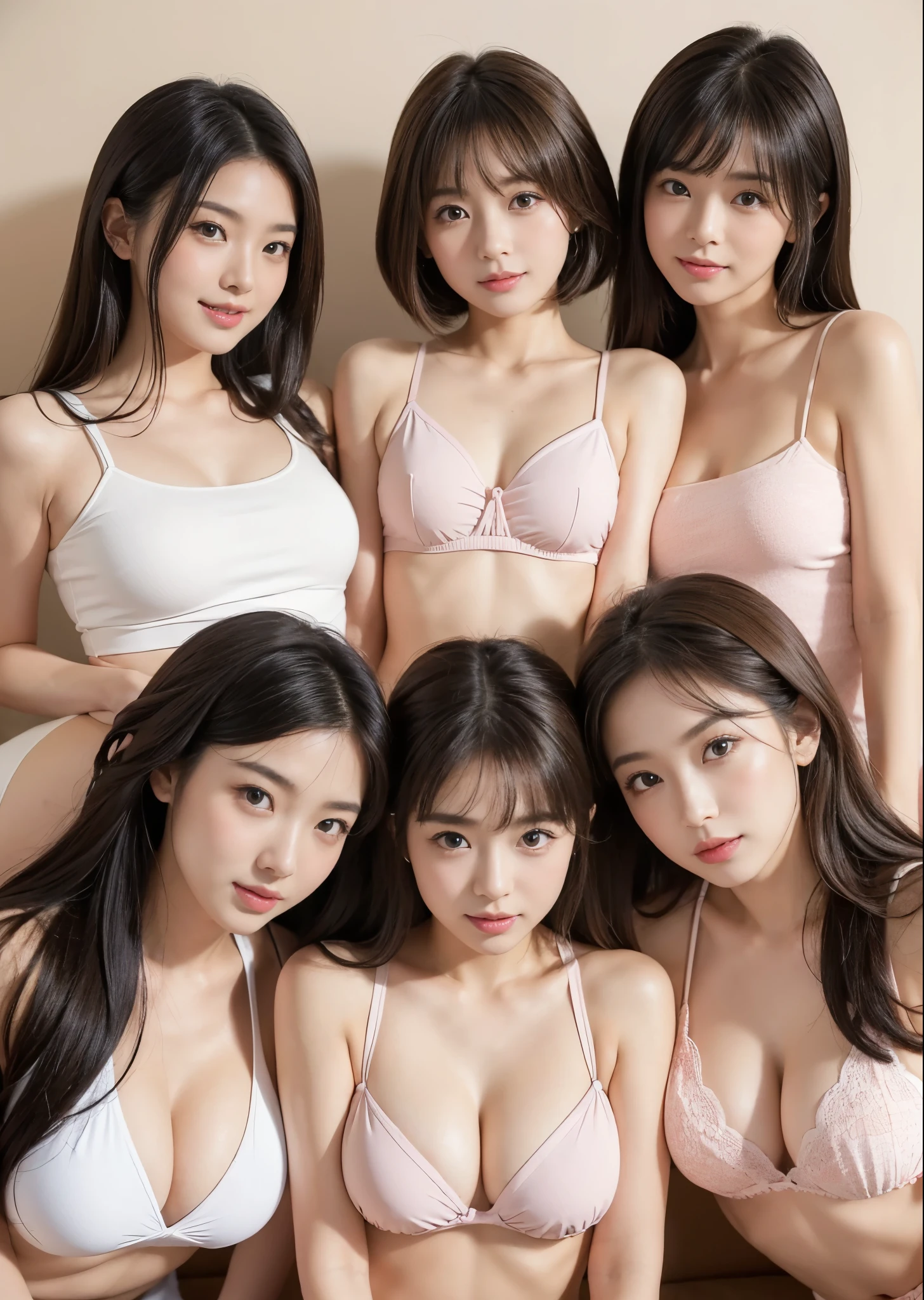 6 hot sweet cute innocent young European girls getting ready for a party, trying on cute colorful clothes together, showing off their athletic body, innocent, touching each other, detailed, photorealistic, showing legs, having fun, detailed model face 