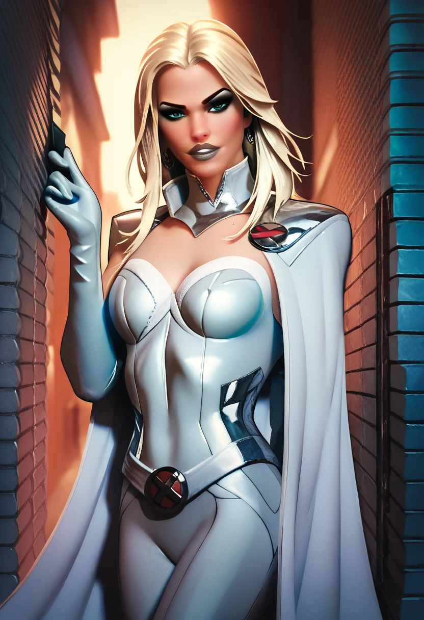 Hot sexy Emma Frost em0fr0x from X-Men in a dark alley, sexy, beautiful, gorgeous, makeup, detailed, detailed face, high res, comic, comic style, X-Men , grey lips, outfit, pants, cape