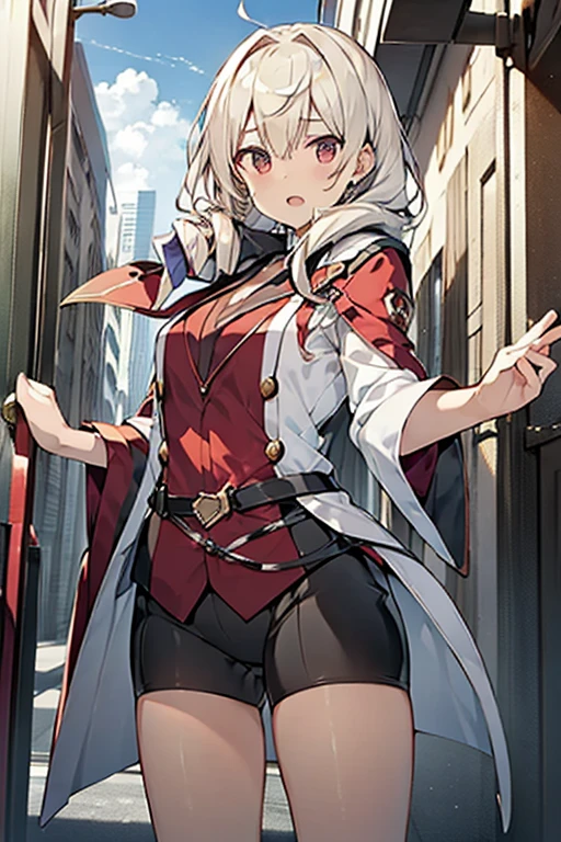 masterpiece, best quality, highres, hmhy1, low twintails,white hair, hair ornament, huge breasts, red ribbon, collared shirt, sweater, labcoat, open clothes, off shoulder, long sleeves, flower, belt, white gloves, pleated skirt, black pantyhose, cowboy shot, standing, outdoors, smile, open mouth