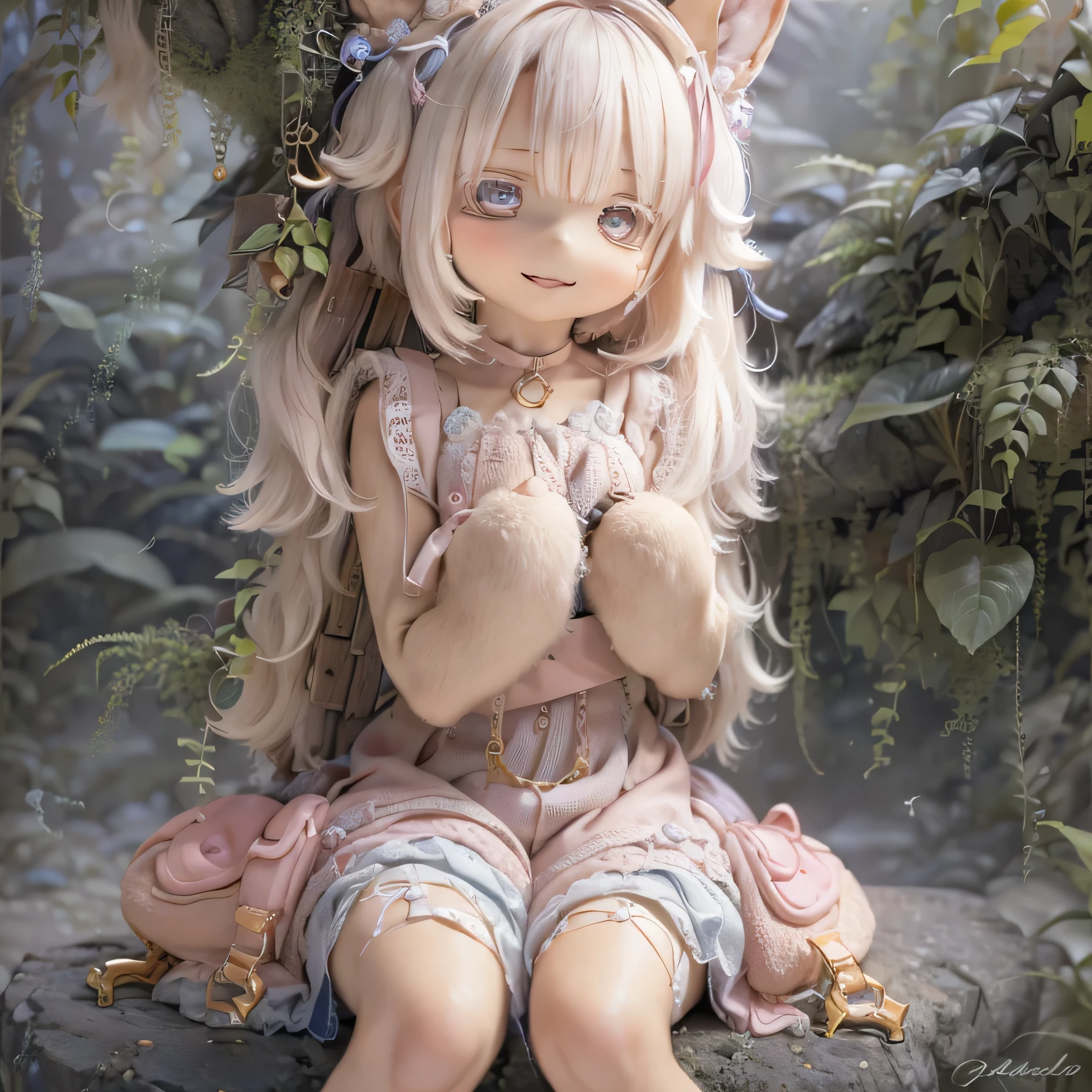in the garden, smile, Photorealistic rendering similar to photorealistic rendering with a warm and bright atmosphere . Similar to a forest setting , it combines , Beautiful eyes and lips . (((chibi style,))) . The image quality is excellent, Highly detailed and realistic features . The medium of this work is、 I created an illustration .. The colors are vivid、 illumination、 Made in Abyss 、use 。 whole body((((( cute pink dress )))))Contrasting cute poses