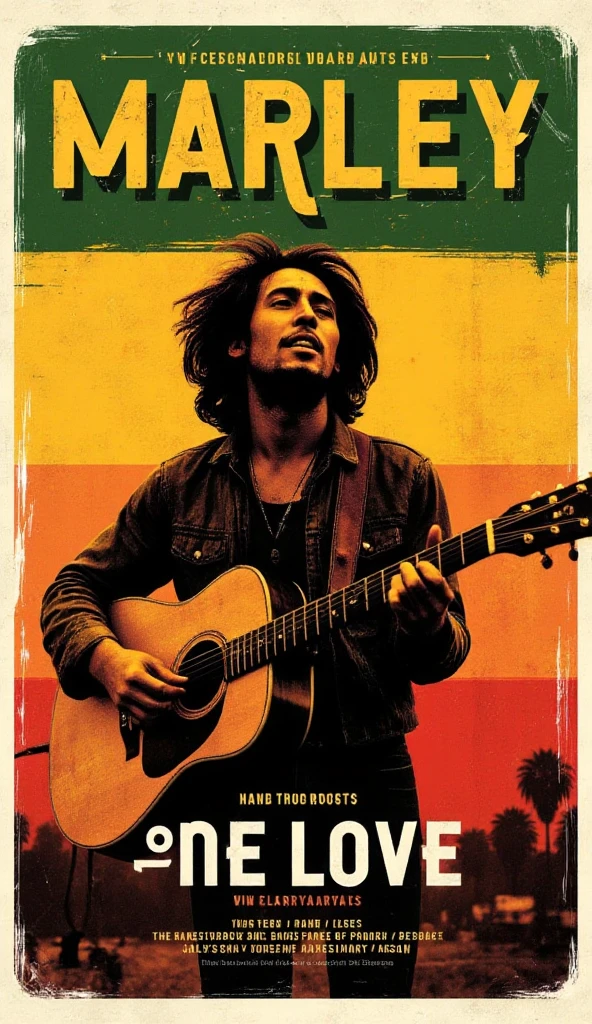 allposter, Create a warm, earthy poster for a Bob Marley tribute or concert event. The central image should show Marley mid-performance, with his iconic dreadlocks and guitar. Use a rich, natural color palette with greens, yellows, and reds, incorporating subtle textures like wood or fabric. His name, 'BOB MARLEY,' should appear at the top in bold, rustic typography, with the tagline, 'One Love' underneath in a smaller, handwritten style. Add the event details at the bottom in a relaxed font, capturing the positive, uplifting essence of reggae