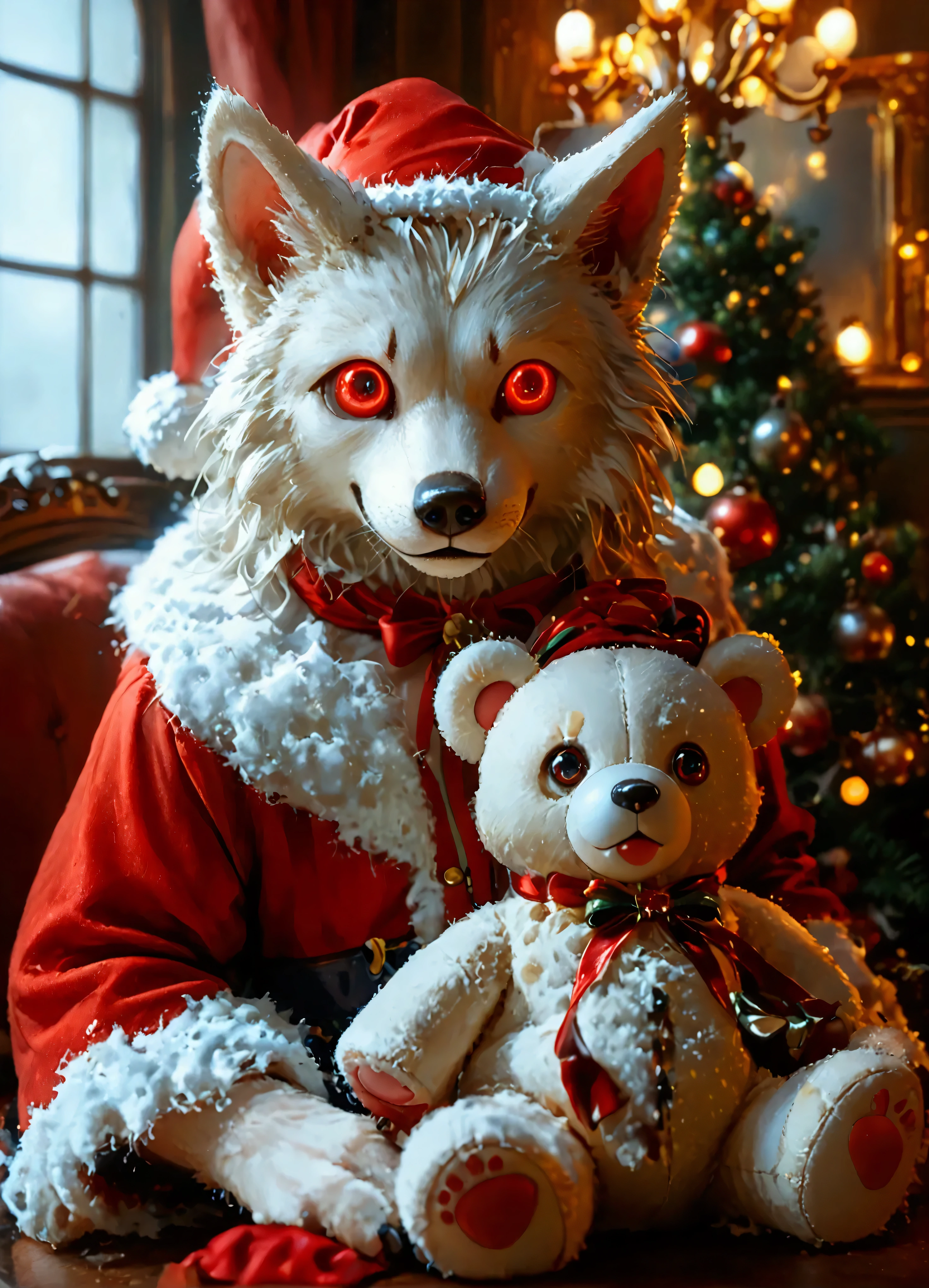 (8k, top quality, Masterpiece , Final Fantasy Style: 1.2), , Atmospheric perspective, 8K, Very detailed, Accurate, Highest quality, masterpiece, Very detailed, Sharp focus, High resolution,very spooky, (upper body close up:1.2), Werewolf dudy, red eyes, funny and happy promoter, wearing a christmas costume, in the luxury party room, holding a stuffed bear in hand, To the camera, Very detailed, Digital Painting, Art Station, Concept Art, Smooth, Sharp focus, figure, ArtJam, Greg Rutkowski, Art by Alphonse Mucha, 8K, Volumetric Fog, bloom, light, lumen, Crank blur