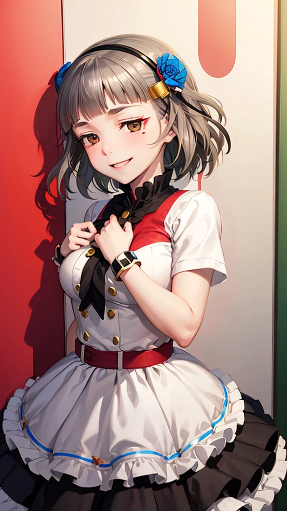 (((solo))), 1 woman, Sakuya Kurobane, sakuyaunif, kurobane_sakuya, (brown eyes), short hair, grey hair, black hairband, blue hair flower, red eyeliner, chest, blush, smile, (upper body), santa claus