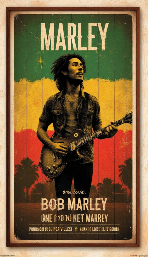 allposter, Create a warm, earthy poster for a Bob Marley tribute or concert event. The central image should show Marley mid-performance, with his iconic dreadlocks and guitar. Use a rich, natural color palette with greens, yellows, and reds, incorporating subtle textures like wood or fabric. His name, 'BOB MARLEY,' should appear at the top in bold, rustic typography, with the tagline, 'One Love' underneath in a smaller, handwritten style. Add the event details at the bottom in a relaxed font, capturing the positive, uplifting essence of reggae