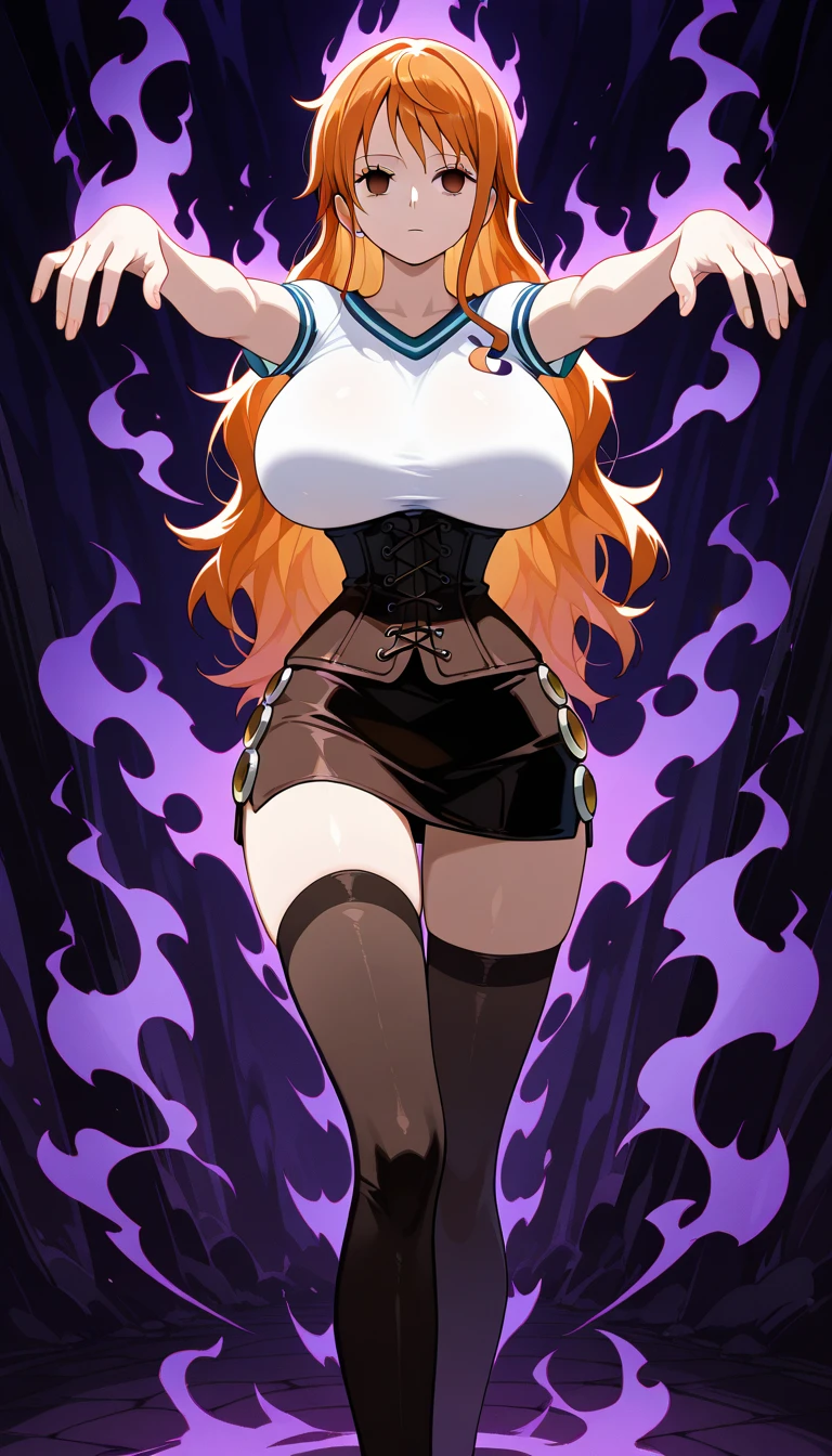 1girl, nami\(one piece\),narrow waist, underbust, thighhighs,huge breasts,((empty eyes)),(Expressionless),(dark aura:1.5),aura,(two breast),outstretched_arms ,from front , masterpiece, best quality, amazing quality, very aesthetic, absurdres, 