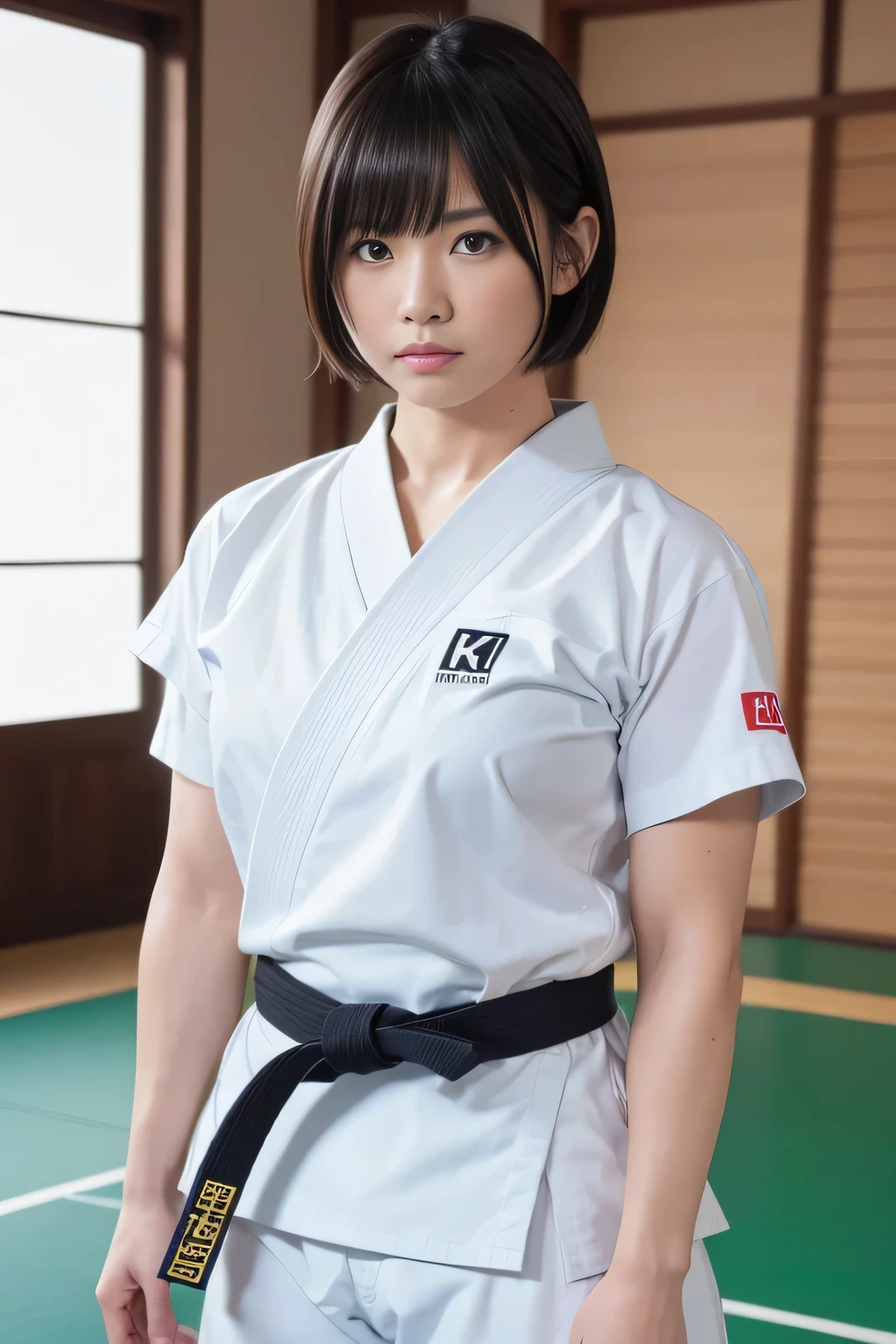 Karate pose, Dynamic pose, ((straight punch)), Front view , Full- body, beautiful Muang Thai woman, 22 age, (black hair, middle hair , brown eyes, Beautiful Lips, serious), (middle Breasts, middle Hips) ,((Karate clothes, Karate underwear, Black obi)), (White underwear), At the Karate Dojo, Standing on tatami mat, Textured skin ((Surrealism, Fujicolor, Fujifilm, UHD, retina, masterpiece, accurate, anatomically correct, textured skin, super detail, high details, high quality, best quality, 8k))