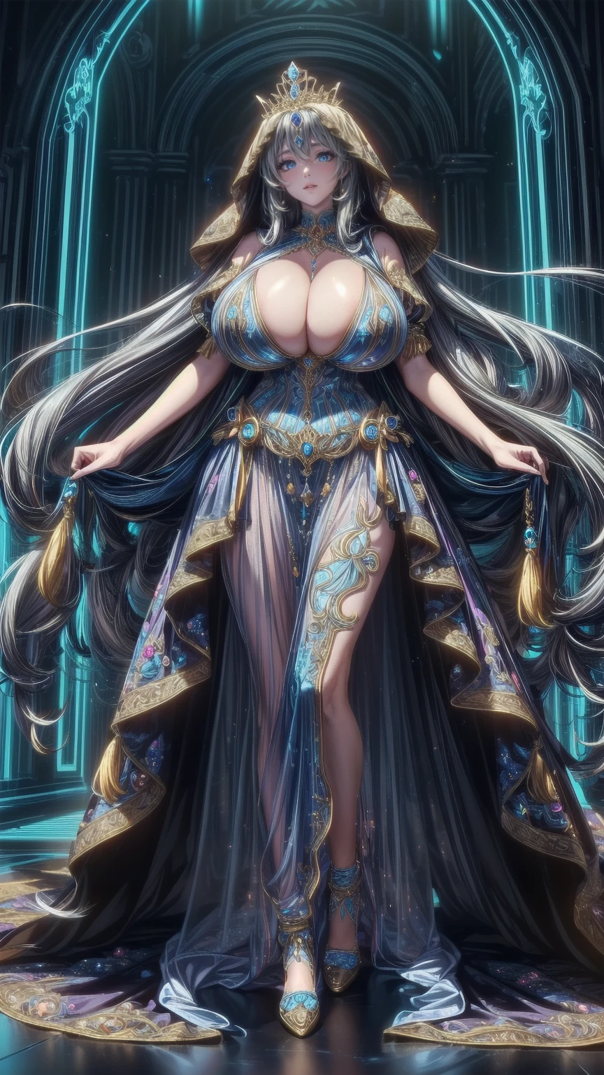 (( anime art style)),(masterpiece),( top quality),( super detailed),( so delicate and beautiful),Alone,((whole body, standing position)),Standing in the palace,((One queen wears a gorgeous rococo ball gown with a voluminous full-length hooded skirt)),(crinoline),Gorgeous embroidery,(Gorgeous gemstone jewelry),( detailed faces and eyes), eyes like jewels,(( Lots of Straight Hair ,Extremely long and rich hair )),((gigantic tits,Long boobs, skinning )),Gorgeous embroidery, clevis on a stone,  Extremely gorgeous full hair ornament ,( Fancy jewels Extraordinarily beautiful tiara with jewels ), gorgeous corsage ,( dynamic angle), viewers who stop at the edge,((whole body))