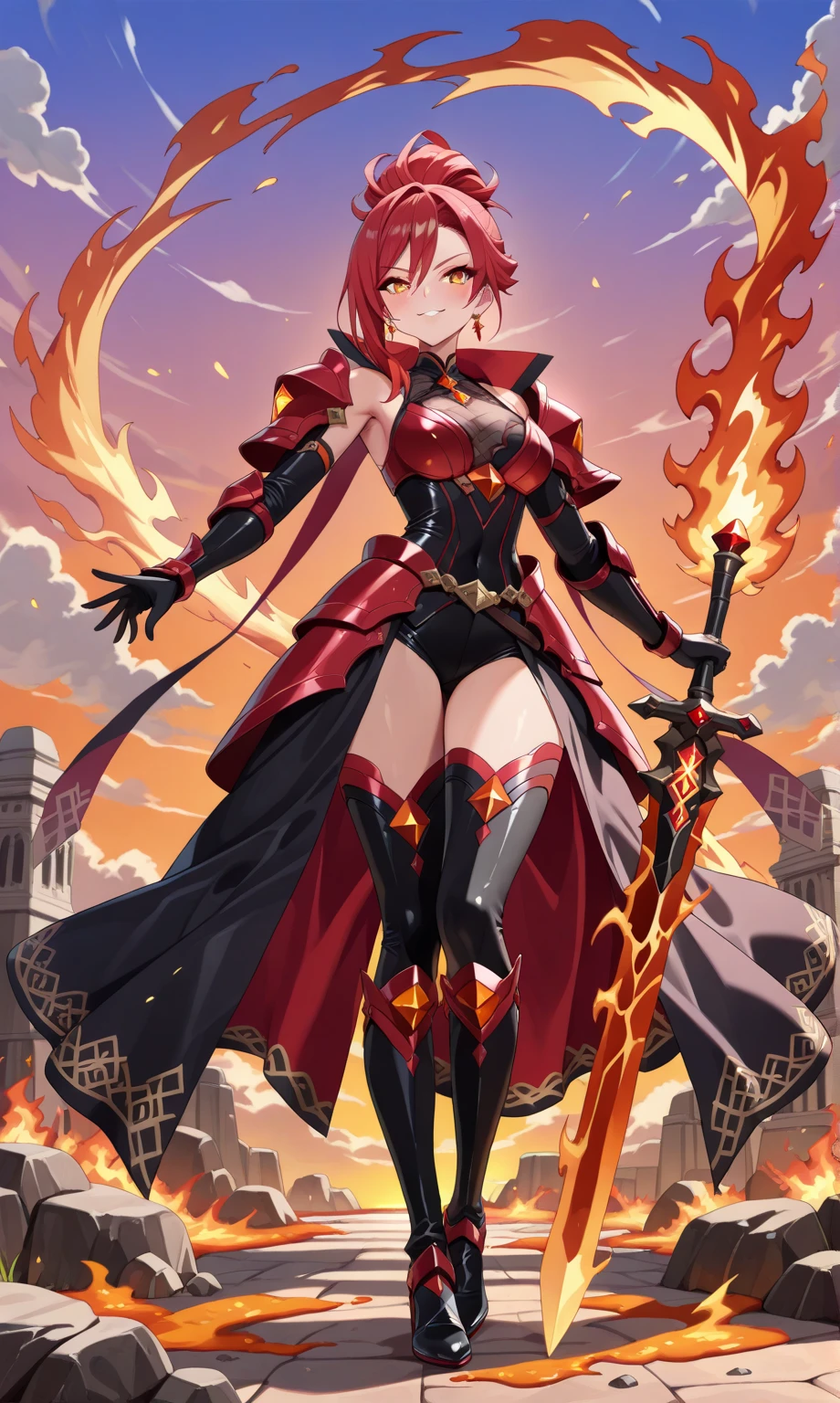 (((masterpiece, best quality, high detailed, 16k))) (1girl) A fierce and majestic goddess with long, flowing crimson hair that flickers like flames, and burning amber eyes. She wears an armor made of molten lava and glowing red crystals, with flame-like patterns dancing across her body. Her presence radiates intense heat, and she wields a massive flaming sword. ((full body front view)), (extremely detailed:1.5)