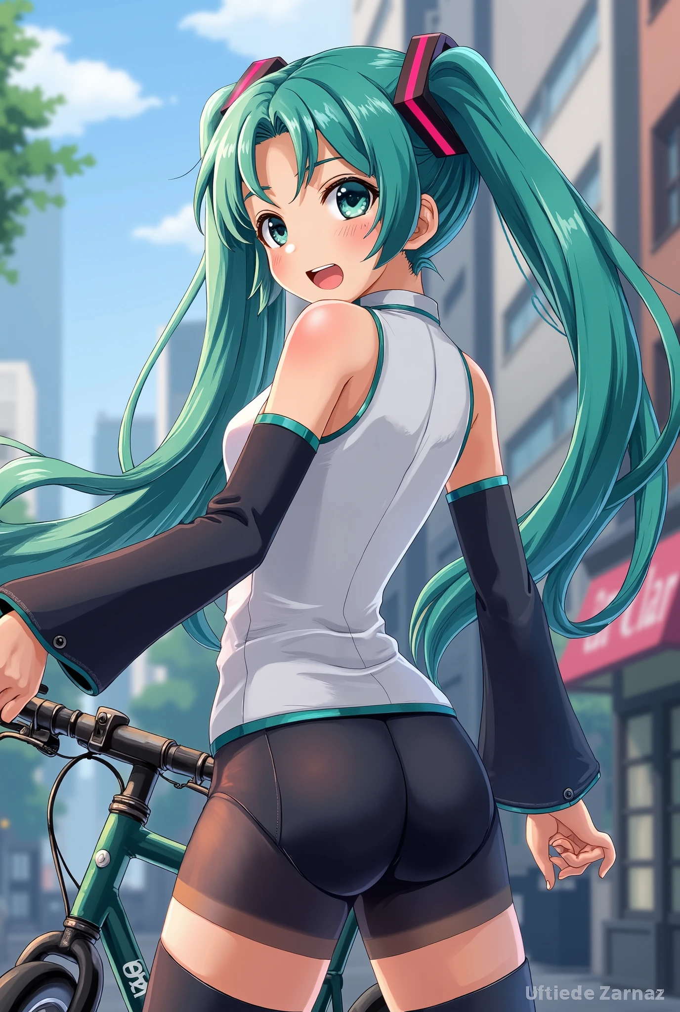 (masterpiece、 top quality、 top quality、 Official Art 、 beautiful and beautiful :1.2)、( one girl:1.3) Hatsune Miku 、 twin tails, Beautiful breasts ,  Katsushika Kitasai ,woman,20 years old,,city,,((( Cycle Shorts ))),, open your mouth and laugh(())( see-through),((bicycle)),(( black hair)),、  surprised face,((())),((Look Behind))( sweaty )Reflecting Buttocks ,bicycleのスパッツ