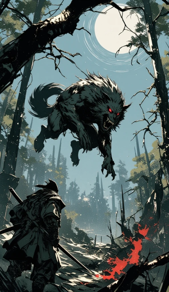 A samurai with a katana fights a giant werewolf in the forest. The giant werewolf is a few times bigger than the samurai. The samurai's back is facing the viewer, while the giant werewolf can be seen jumping high in the air above the samurai, with its claws swiping down. The glaring red trail of its claws swipe is visible. Some trees have claw marks and are chopped down from the fight. Up in the sky, the full moon shines brightly from afar. 