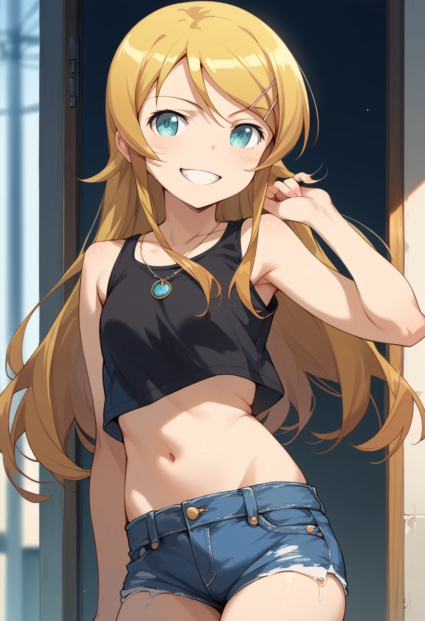 masterpiece, high definition , top quality,8k
(kirino kousaka,young)( Black Crop Top, denim shorts ,Belly button)smile, grin 