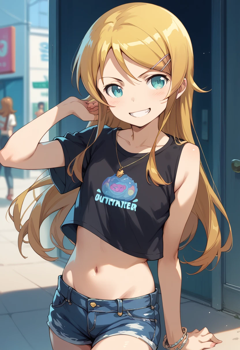 masterpiece, high definition , top quality,8k
(kirino kousaka,young)( Black Crop Top, denim shorts ,Belly button)smile, grin 