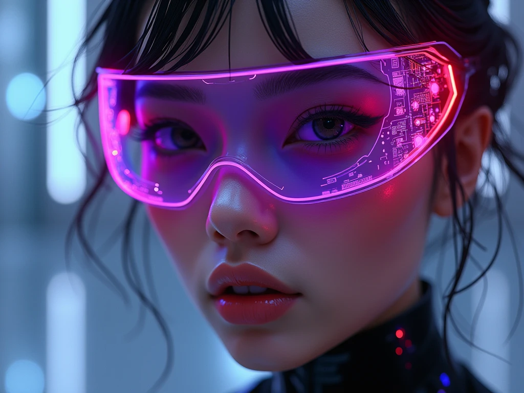 A beautiful woman wearing futuristic cyber glasses, portrait photograph, hyper-realistic digital art, cinematic lighting, close-up shot focusing on detailed face and shiny lips, cyber-punk aesthetic, holographic data display on glasses with visible text 'PIVARTS', 8K resolution, photorealistic 3D rendering, shallow depth of field, dramatic shadows and highlights, glossy textures, intricate details in skin and hair, high contrast, vibrant colors, lens flare effect, motion blur background, cybernetic implants subtly visible, ultra-sharp focus on eyes, metallic sheen on glasses frame, retouched for perfection, studio lighting setup, captured with high-end DSLR camera, post-processed in advanced 3D software for enhanced realism and depth.