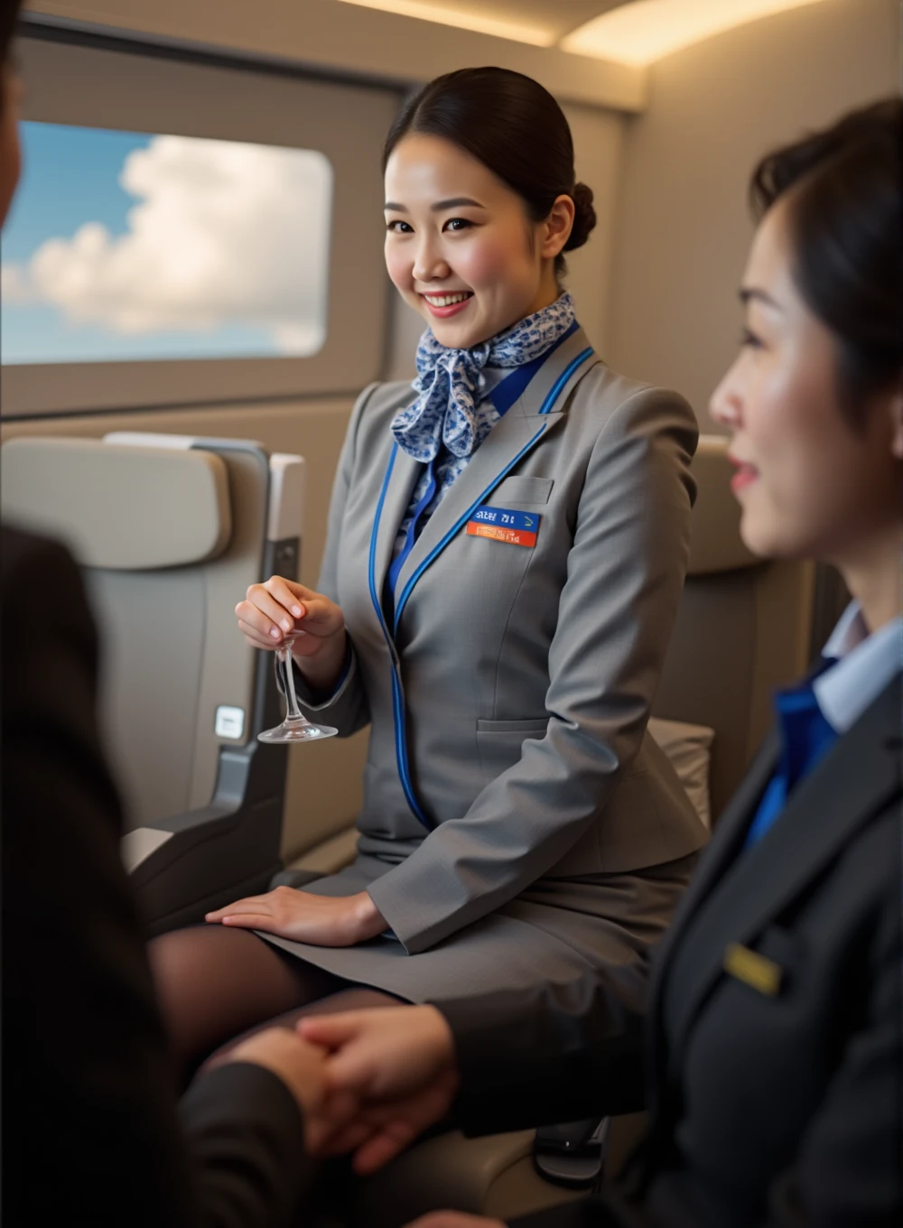  realistic , female flight attendant photo , Beautiful Japanese Women,caana ,smile, High Quality ,detail face, wearing a gray flight attendant uniform with a blue border ,Neck scarf, black tights and high heels ,miniskirt,Light Makeup,whole body,miniskirt, beautiful legs, very beautiful flight attendant , smiling gently while serving drinks to passengers ., The background shows the warm indirect lighting of the business class cabin cabin. 、 you can see pale blue sky and clouds from the window ., The cabin attendant standing in the center from the {x} composition You can see that the staff is leaning slightly towards the passenger on the left., professionalism and comfort are conveyed from the overall atmosphere .,