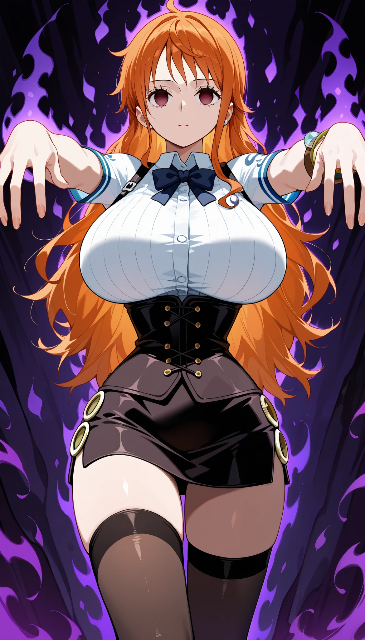 1girl, nami\(one piece\),narrow waist, underbust, thighhighs,huge breasts,((empty eyes)),(Expressionless),(dark aura:1.5),aura,(two breast),outstretched_arms ,from front , masterpiece, best quality, amazing quality, very aesthetic, absurdres, 