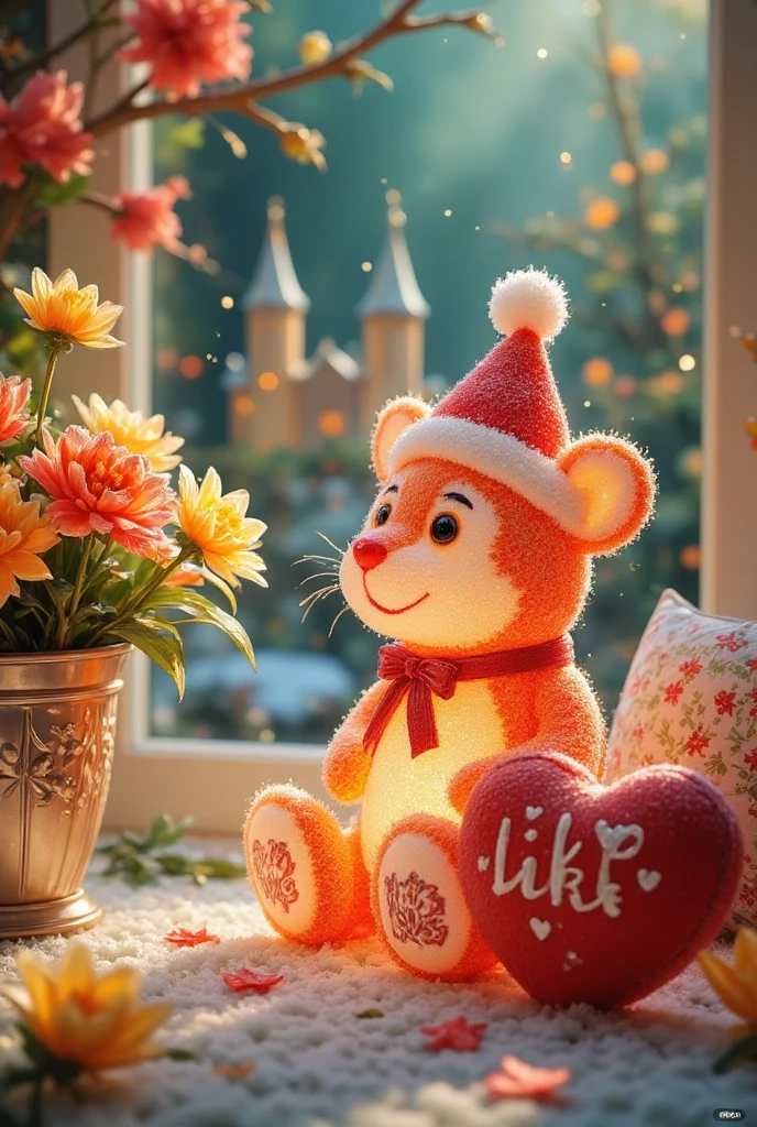   New Year's plush toy   ,   戴着圣诞帽的可like毛茸茸的泰迪虎 ,  has a big  ,  There is an inscription ,   a beautiful bouquet of flowers   ,    a beautiful pillow in the shape of a heart ， next to it  "like",  bright colors ,   are of the best quality ,   intricate details inside the castle palace  ,  The masterpiece failed , Eight thousand,   lying in the crib ,  as detailed as possible  ,