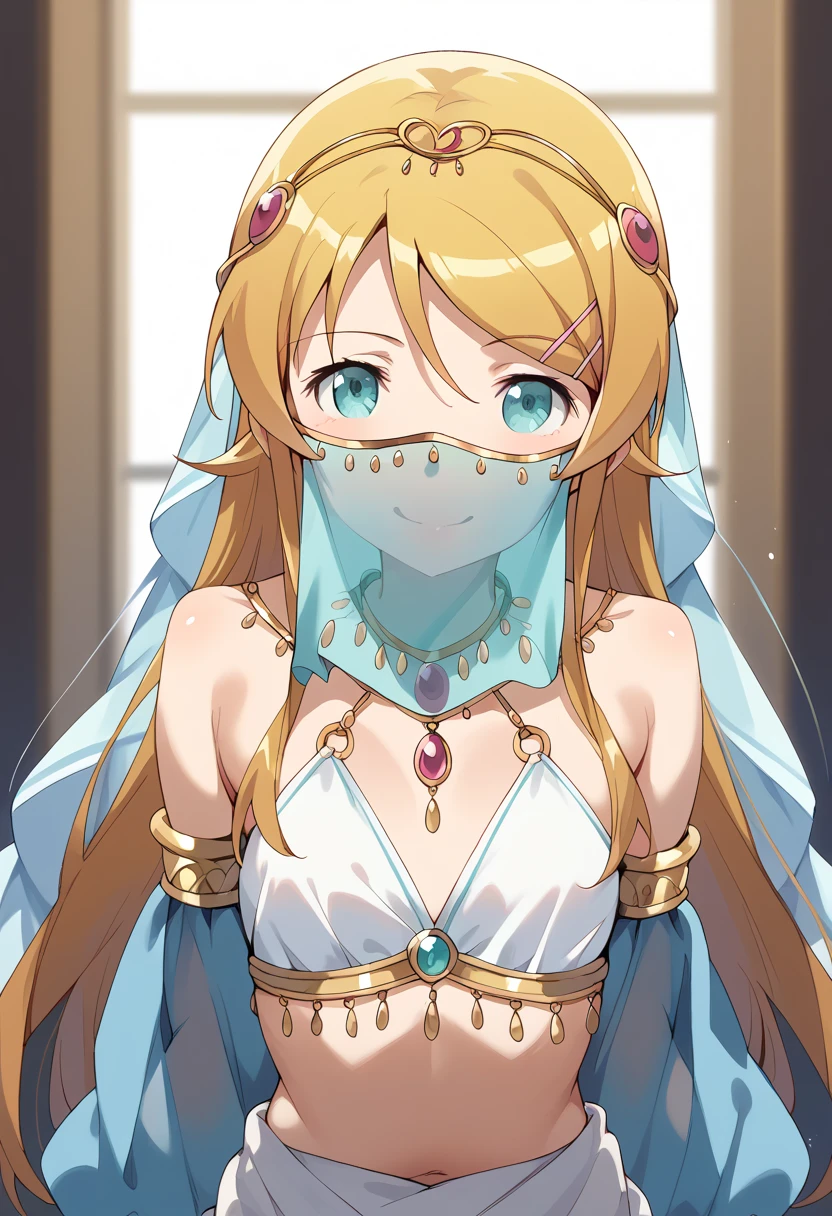 masterpiece, high definition , top quality,8k
(kirino kousaka,young)(( White Harem costume,mouth veil))smile