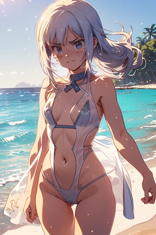 (masterpiece, best quality:1.5), (ultra detailed, high resolution, 8k, beautiful detailed, UHD, best anatomy), white hair, small breasts, 1 girl, barefoot, mirage, Wandering in a mirage, open clothes, crop top, troubled expression, Impatient expression