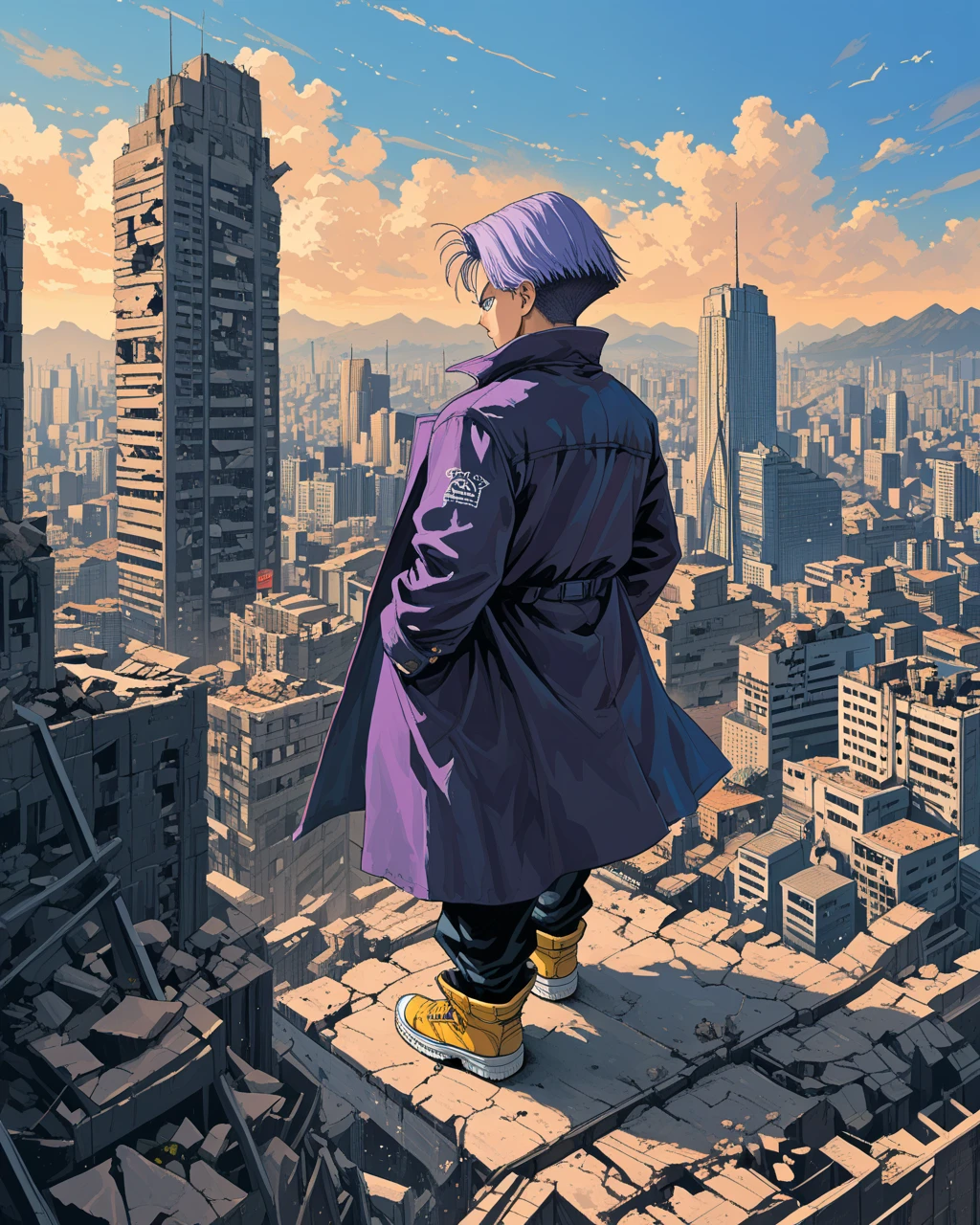 Alone,  1 boy\((Transaya :1.0),future, trunks ,20 years old,  Purple Jacket ,  Under a Black Muscle Shirt ,  black pants ,  blue eyes, black pupil, Purple Hair,  Yellow Shoes with Black Toes, back view,whole body, holds a sword\)  Standing on a Skyscraper . background\(( Ruined City of Rubble :1.4),( Collapsed building :1.3),\),(landscape:1.3),score_9, score_8_up, score_7_up, score_6_up, score_5_up, score_4_up,  source_Anime, source_ furry , rating_safe, rating_i doubt it,masterpiece,  top quality,  perfect anatomy , Very aesthetic ,  absurd,scenery, ( Limited Palette :1,2), realistic 