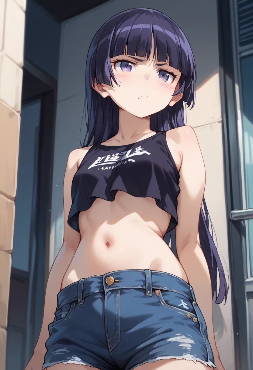 masterpiece, high definition , top quality,8k
(Ruri Gokou,young)( Black Crop Top, denim shorts ,Belly button)Annoyed face