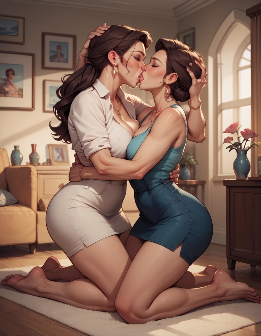 ((1 mature woman hugging 1 )),((tongue kissing)),(entangled),( She wears a thong),((1 Naked Boy)),Delicate lip detailing,A MILF, trending on artstationh, intricate face details,Curvy physique, (Thick body),vibrant, 4K, 12k resolution,Seductive smile