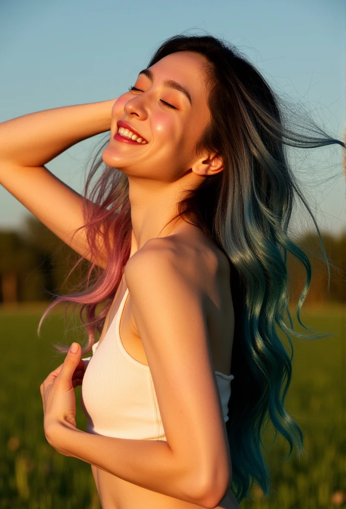 low angle side view portrays a woman with long spreads hair to bottom, honey skin, sleek gold pink, blue and green hair spreads, styled in soft, natural waves that frame her face. She exudes a sultry yet elegant allure, wear loose white tank top, tilt her face, smile, windy, Use a her hand to spread her hair, no cloth, bare skin, body drenched, very small round breasts, standing on the Guppy grass field background, tilt head up, climax expression face, morning soft sun raise back, heavy shadows, very dark midnight, adding a subtle, feminine touch to the composition.
