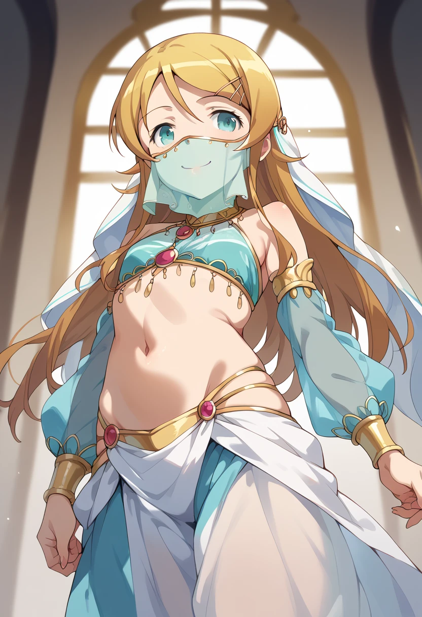 masterpiece, high definition , top quality,8k
(kirino kousaka,young)(( White Harem costume,mouth veil))smile, standing,From below