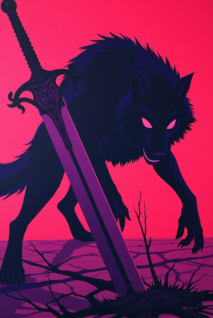 Masterpiece, two-color style, only use two-color abstract painting in very Deep purple and electric red , The huge werewolf staring at the viewer, Sharp, large eyes, The silhouette of a furious werewolf, Confused ,Looks like they're attacking, Dynamically depicted ,(((contrast of color act motion blur))), break, Part of the large sword jumps out of the ground, upside down, Light is softly reflected on the surface of the sword,A large sword with detailed decorations, The ground is cracked, the sword bright soft, shading and light contrast, outline of werewolf creating a sense of feeling of anger , Minimalism 