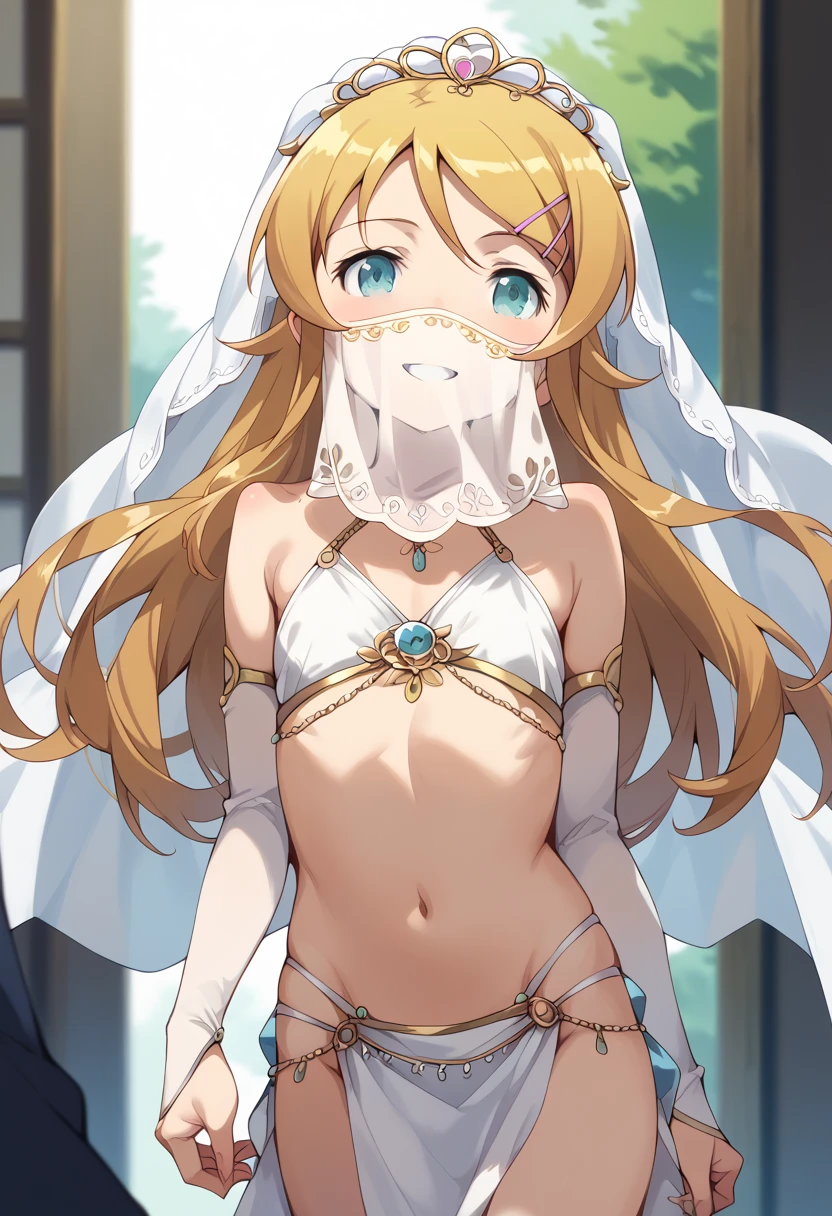 masterpiece, high definition , top quality,8k
(kirino kousaka,young)((White mouth veil,White loincloth,White exposure on the chest))smile