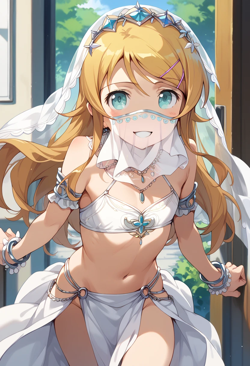 masterpiece, high definition , top quality,8k
(kirino kousaka,young)((White mouth veil,White loincloth,White exposure on the chest))smile