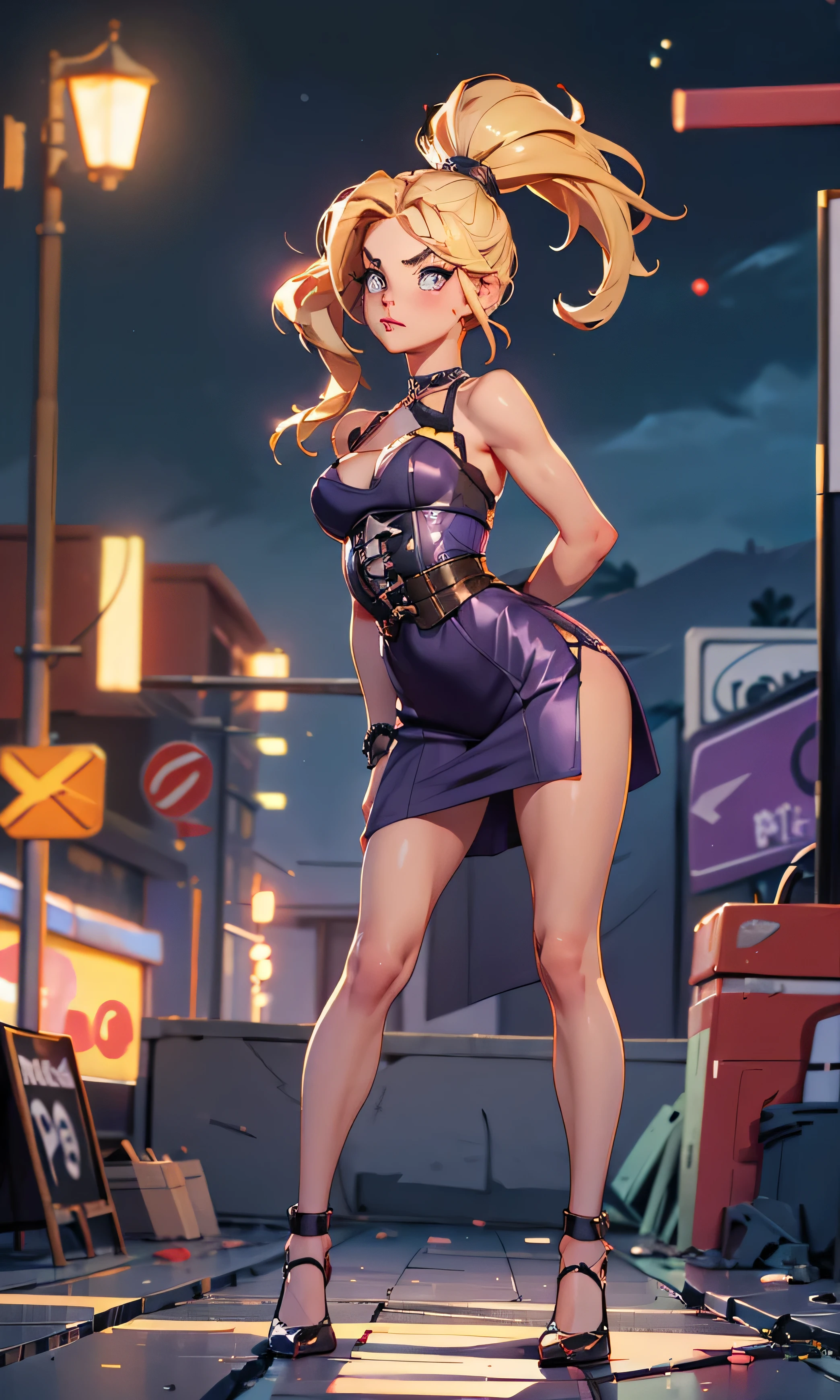 Masterpiece, 1 girl, beautiful, slim, head on, looking at the spectator, long hair , blond hair , brown eyes, arched eyebrows , full body , piernas slims, flat stomach, purple corset dress , short corset dress , shiny corset dress, Round breasts , corset dress from the breasts to the crotch, bare shoulders, purple sports shoes , (((desnuda))), in the alley , urban zone, dark sky,